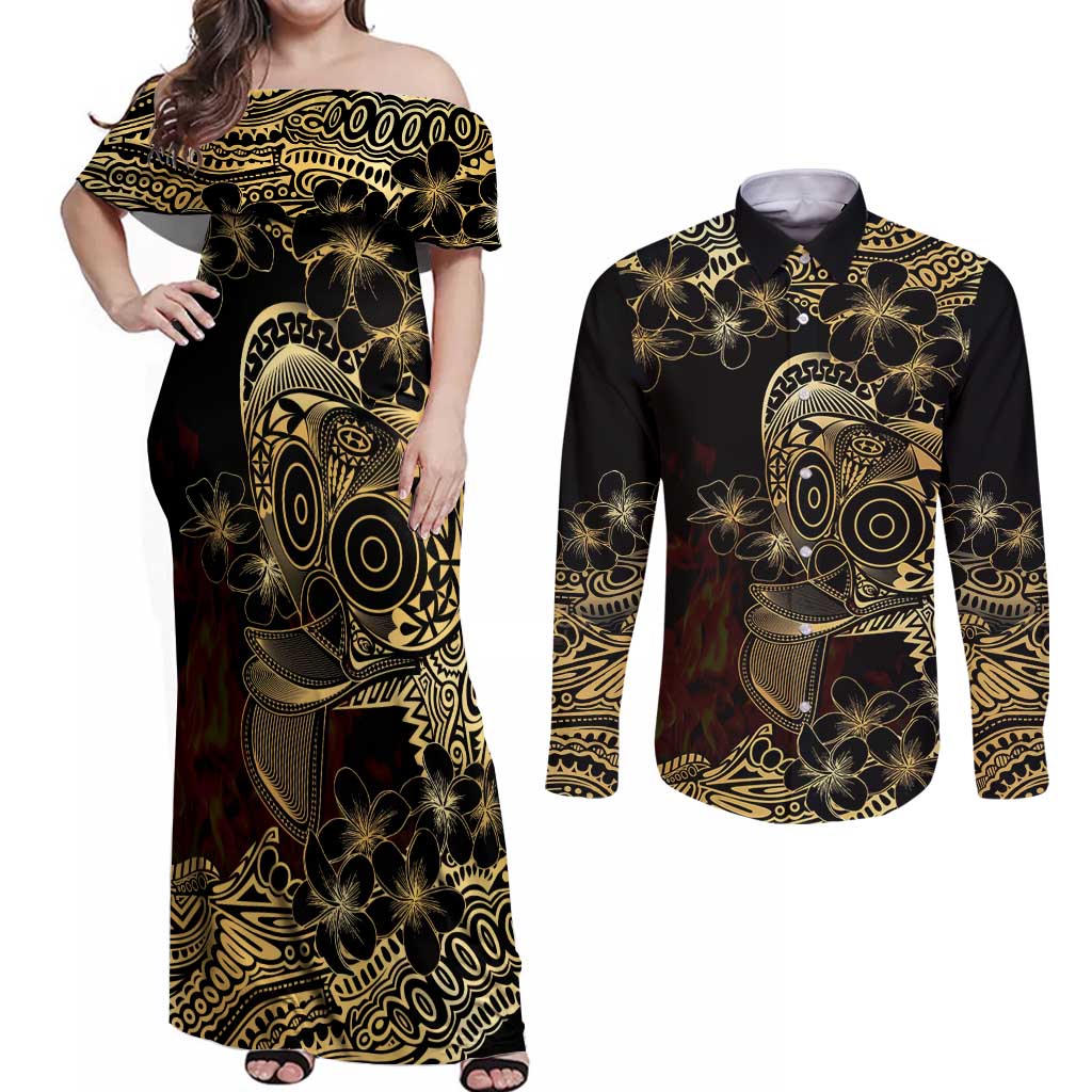 Frangipani Festival Rabaul Couples Matching Off Shoulder Maxi Dress and Long Sleeve Button Shirt PNG Tribal Baining Mask Tattoo - Polynesian Pride