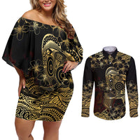 Frangipani Festival Rabaul Couples Matching Off Shoulder Short Dress and Long Sleeve Button Shirt PNG Tribal Baining Mask Tattoo - Polynesian Pride