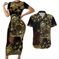 Frangipani Festival Rabaul Couples Matching Short Sleeve Bodycon Dress and Hawaiian Shirt PNG Tribal Baining Mask Tattoo - Polynesian Pride