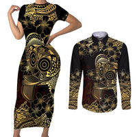 Frangipani Festival Rabaul Couples Matching Short Sleeve Bodycon Dress and Long Sleeve Button Shirt PNG Tribal Baining Mask Tattoo - Polynesian Pride