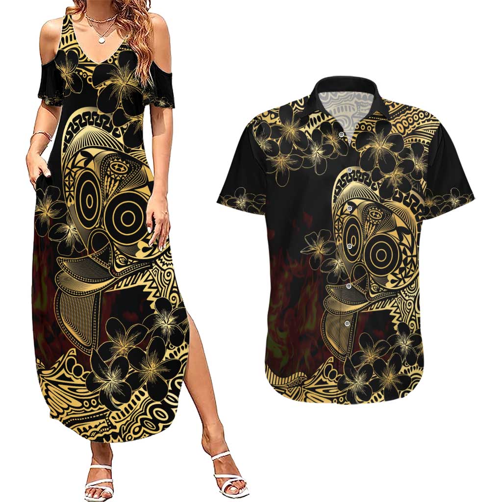 Frangipani Festival Rabaul Couples Matching Summer Maxi Dress and Hawaiian Shirt PNG Tribal Baining Mask Tattoo - Polynesian Pride