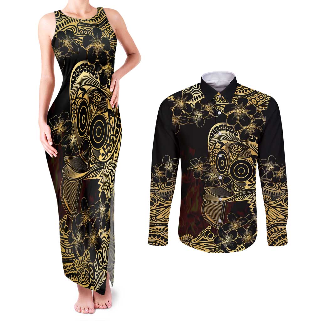 Frangipani Festival Rabaul Couples Matching Tank Maxi Dress and Long Sleeve Button Shirt PNG Tribal Baining Mask Tattoo - Polynesian Pride