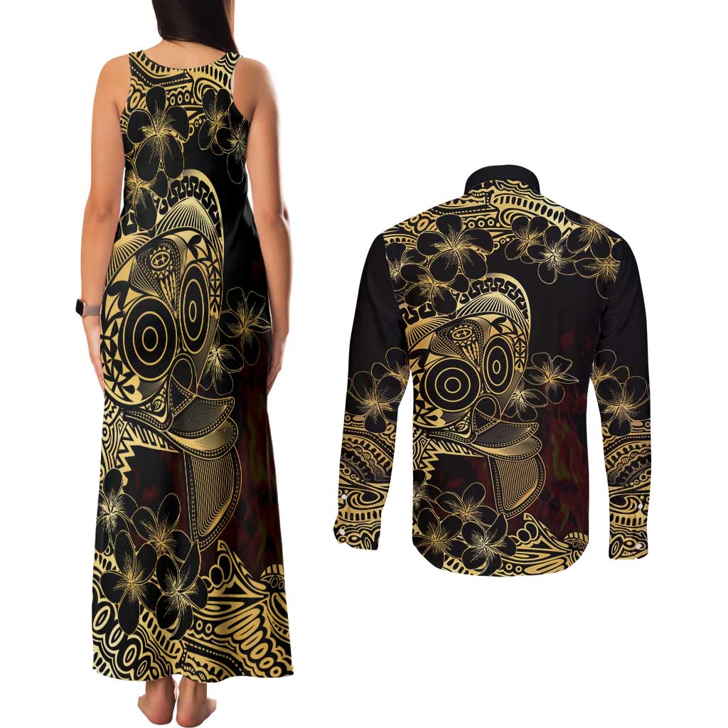 Frangipani Festival Rabaul Couples Matching Tank Maxi Dress and Long Sleeve Button Shirt PNG Tribal Baining Mask Tattoo - Polynesian Pride