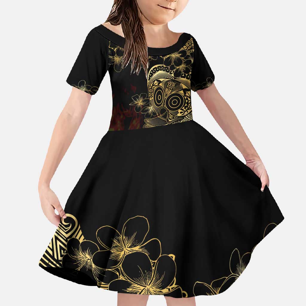 Frangipani Festival Rabaul Family Matching Long Sleeve Bodycon Dress and Hawaiian Shirt PNG Tribal Baining Mask Tattoo LT14 Daughter's Dress Black - Polynesian Pride