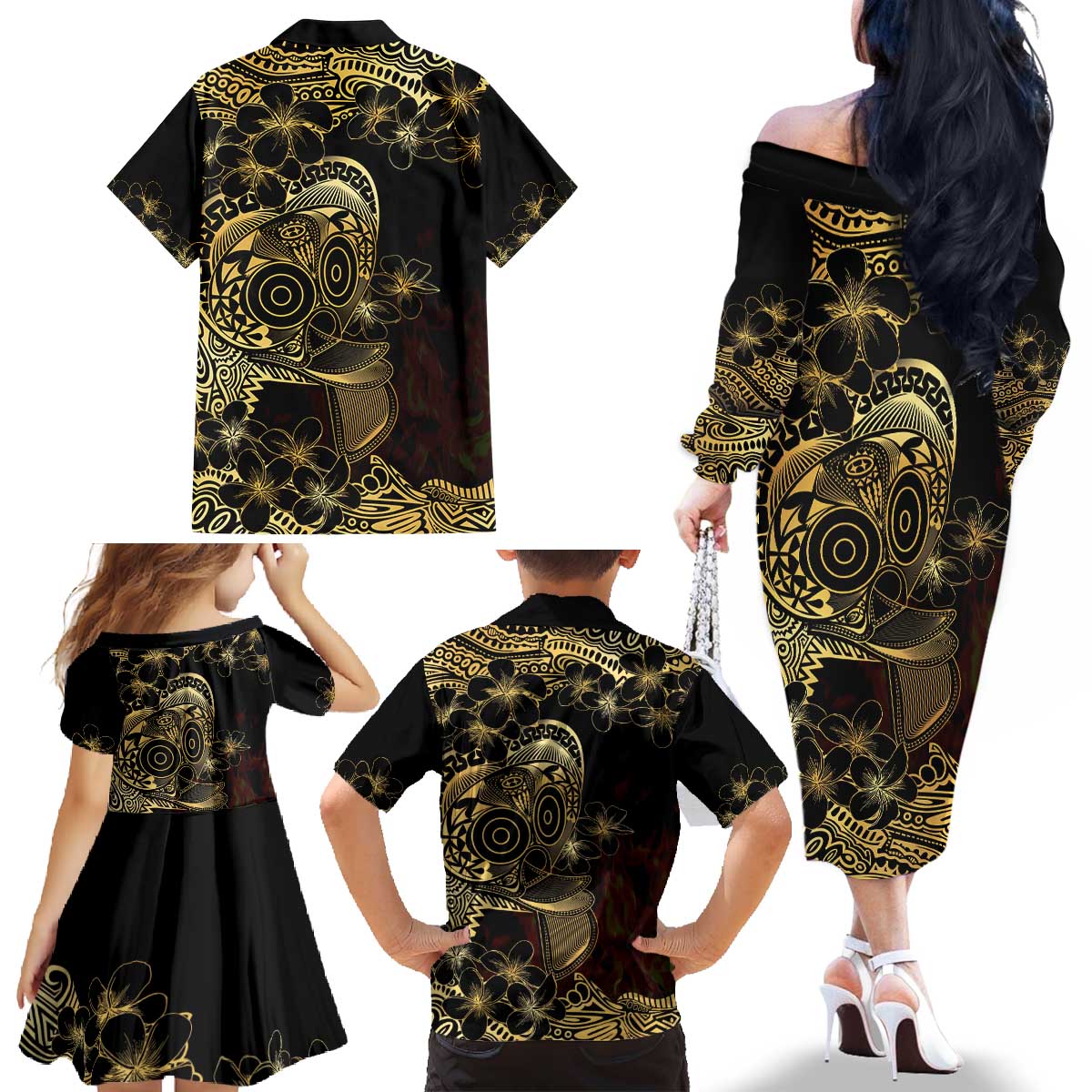 Frangipani Festival Rabaul Family Matching Off The Shoulder Long Sleeve Dress and Hawaiian Shirt PNG Tribal Baining Mask Tattoo - Polynesian Pride