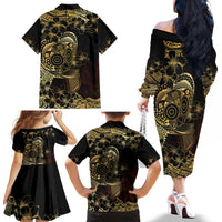 Frangipani Festival Rabaul Family Matching Off The Shoulder Long Sleeve Dress and Hawaiian Shirt PNG Tribal Baining Mask Tattoo - Polynesian Pride