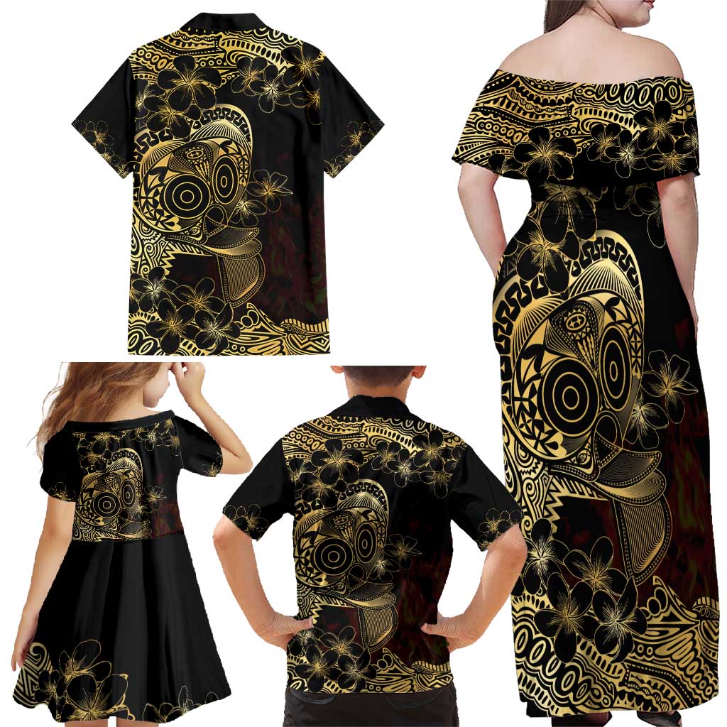 Frangipani Festival Rabaul Family Matching Off Shoulder Maxi Dress and Hawaiian Shirt PNG Tribal Baining Mask Tattoo - Polynesian Pride