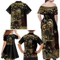 Frangipani Festival Rabaul Family Matching Off Shoulder Maxi Dress and Hawaiian Shirt PNG Tribal Baining Mask Tattoo - Polynesian Pride