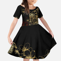 Frangipani Festival Rabaul Family Matching Short Sleeve Bodycon Dress and Hawaiian Shirt PNG Tribal Baining Mask Tattoo LT14 Daughter's Dress Black - Polynesian Pride
