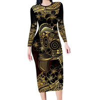 Frangipani Festival Rabaul Long Sleeve Bodycon Dress PNG Tribal Baining Mask Tattoo LT14 Long Dress Black - Polynesian Pride