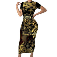 Frangipani Festival Rabaul Short Sleeve Bodycon Dress PNG Tribal Baining Mask Tattoo LT14 Long Dress Black - Polynesian Pride