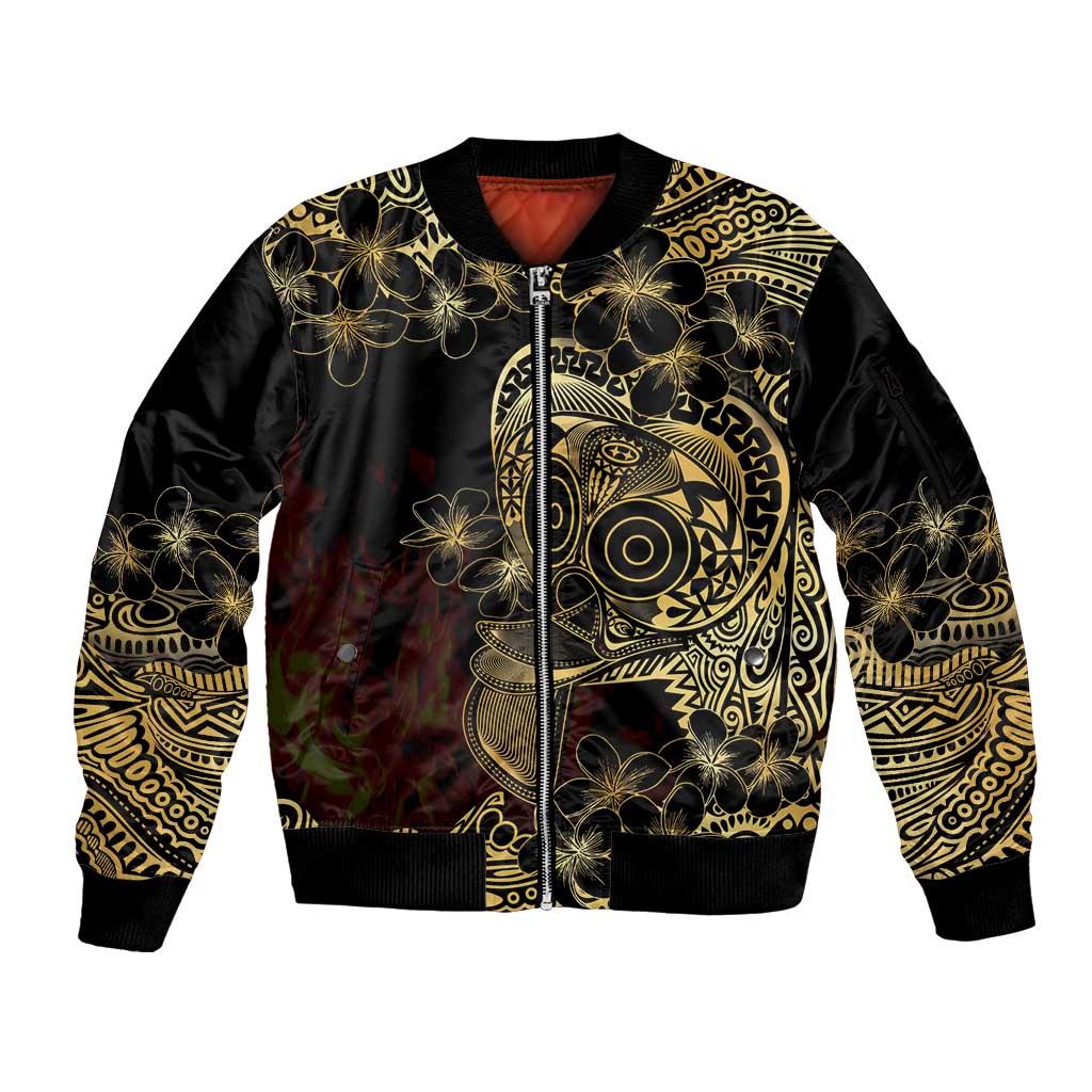 Frangipani Festival Rabaul Sleeve Zip Bomber Jacket PNG Tribal Baining Mask Tattoo - Polynesian Pride