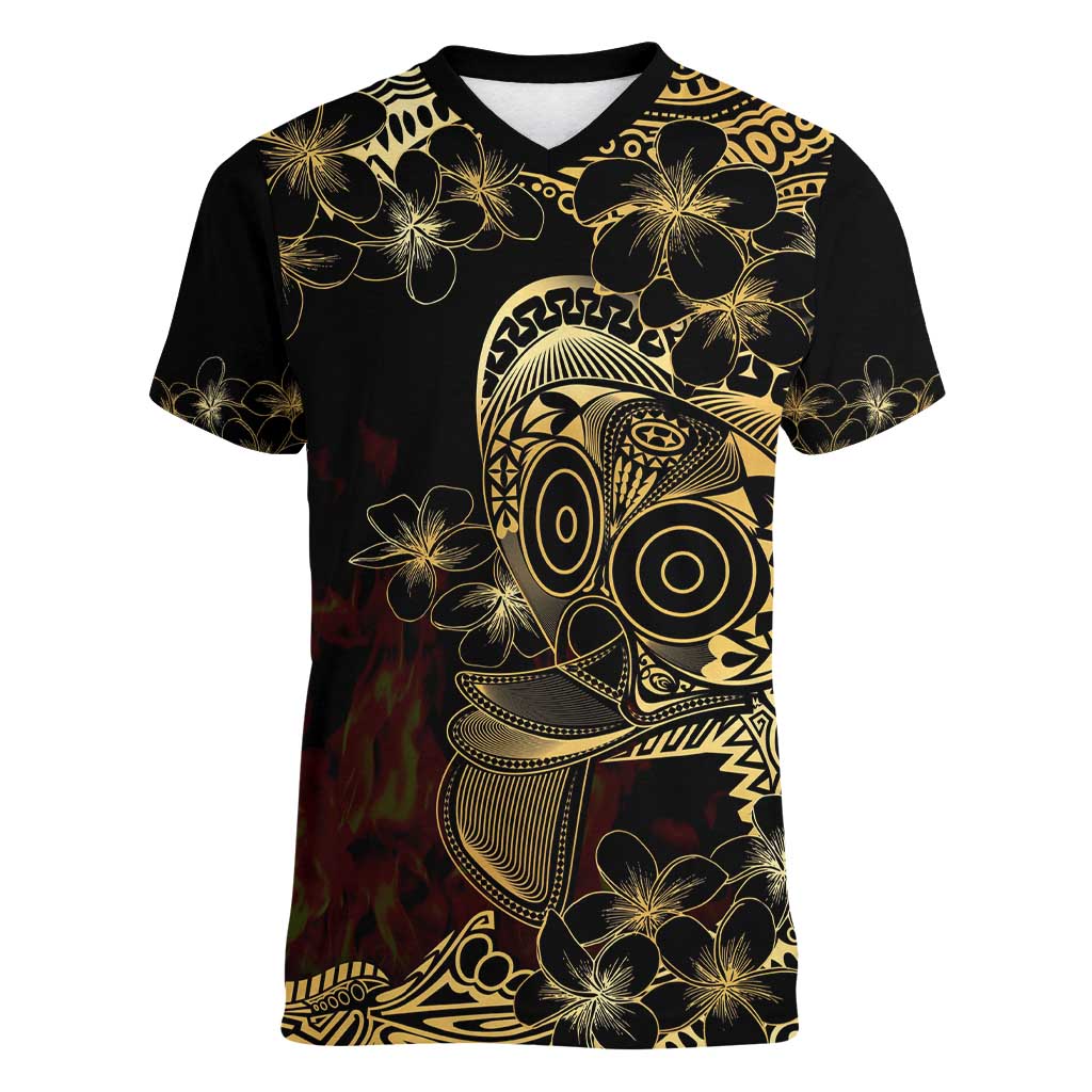 Frangipani Festival Rabaul Women V-Neck T-Shirt PNG Tribal Baining Mask Tattoo - Polynesian Pride