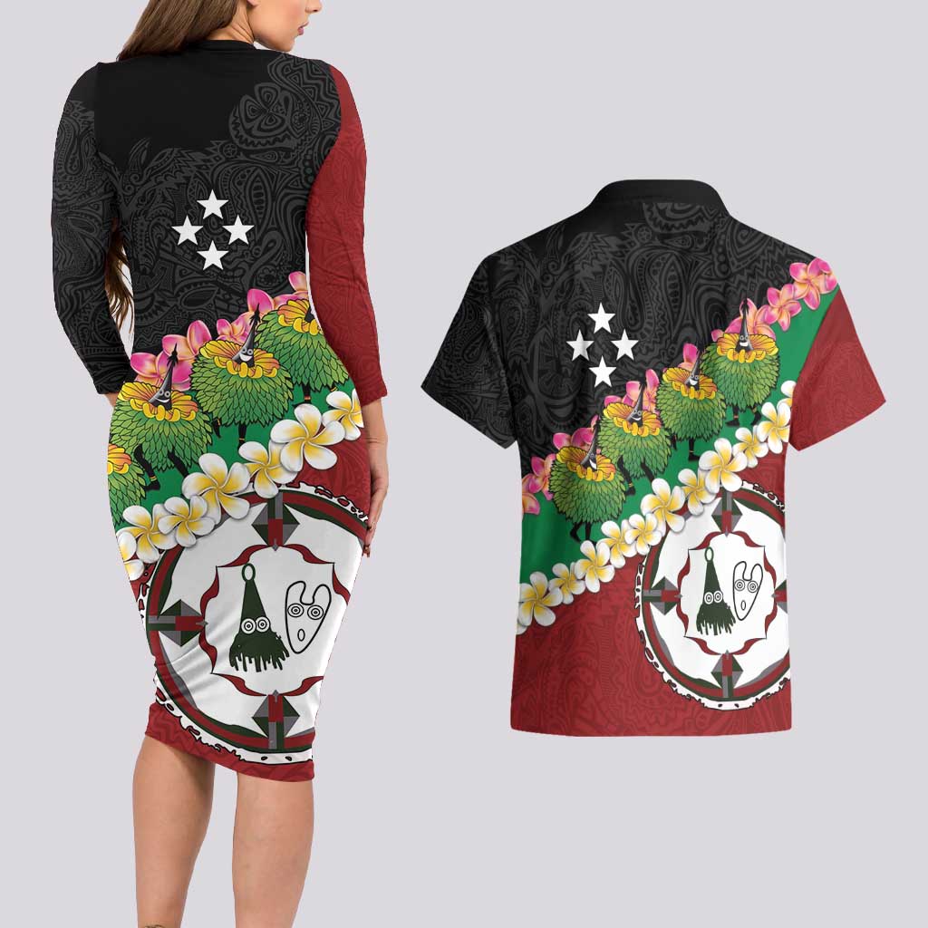 Frangipani Festival Rabaul East New Britain Couples Matching Long Sleeve Bodycon Dress and Hawaiian Shirt Dukduk Dance With Plumeria LT14 - Polynesian Pride