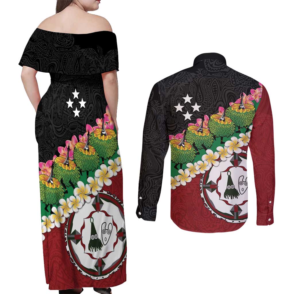 Frangipani Festival Rabaul East New Britain Couples Matching Off Shoulder Maxi Dress and Long Sleeve Button Shirt Dukduk Dance With Plumeria LT14 - Polynesian Pride