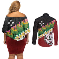 Frangipani Festival Rabaul East New Britain Couples Matching Off Shoulder Short Dress and Long Sleeve Button Shirt Dukduk Dance With Plumeria LT14 - Polynesian Pride