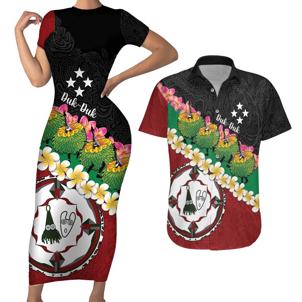 Frangipani Festival Rabaul East New Britain Couples Matching Short Sleeve Bodycon Dress and Hawaiian Shirt Dukduk Dance With Plumeria LT14 Red - Polynesian Pride