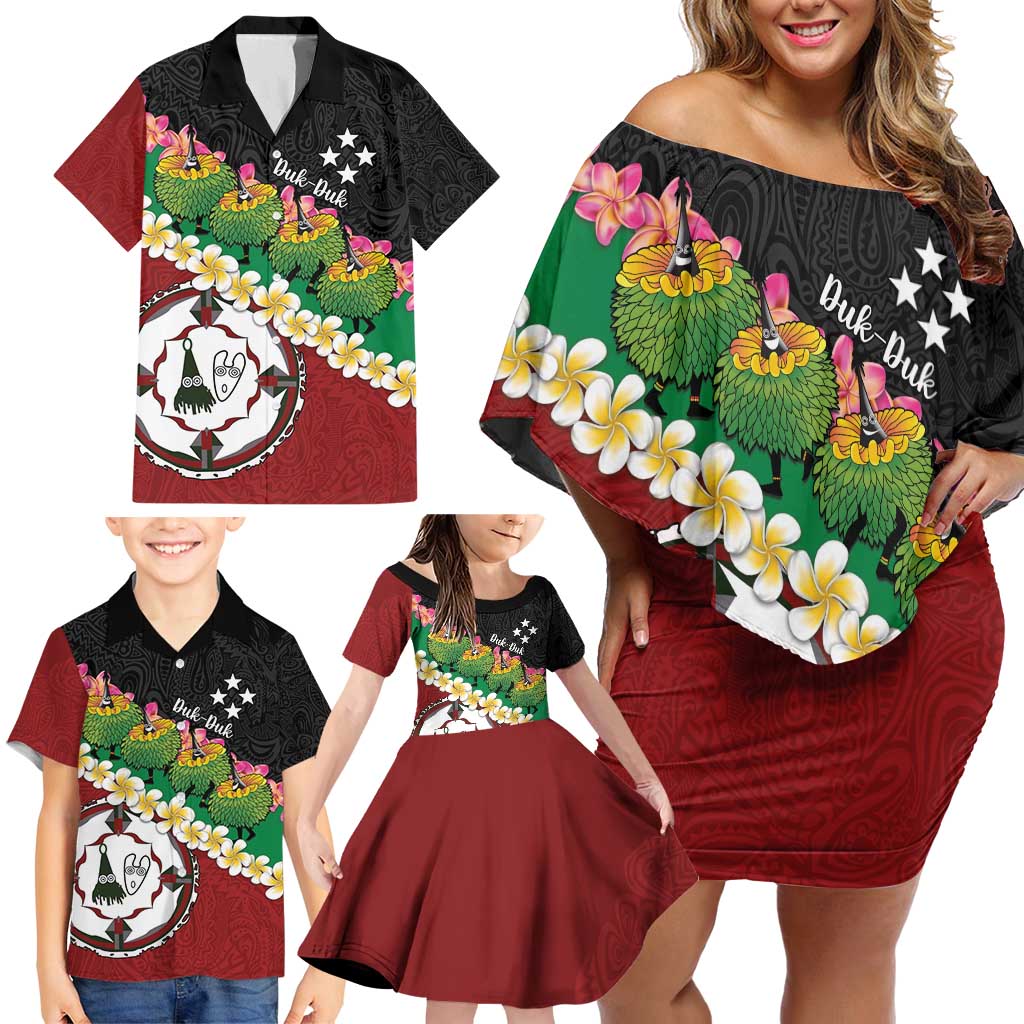 Frangipani Festival Rabaul East New Britain Family Matching Off Shoulder Short Dress and Hawaiian Shirt Dukduk Dance With Plumeria - Polynesian Pride