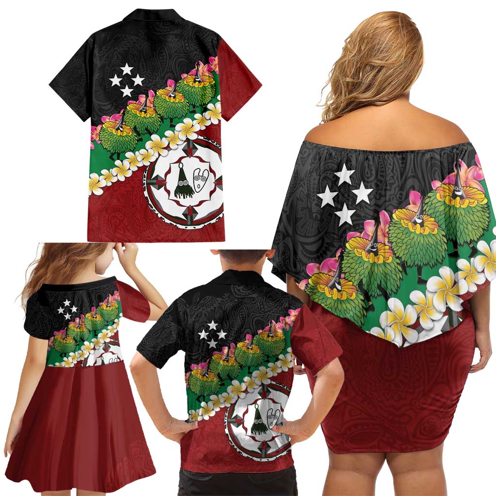 Frangipani Festival Rabaul East New Britain Family Matching Off Shoulder Short Dress and Hawaiian Shirt Dukduk Dance With Plumeria - Polynesian Pride