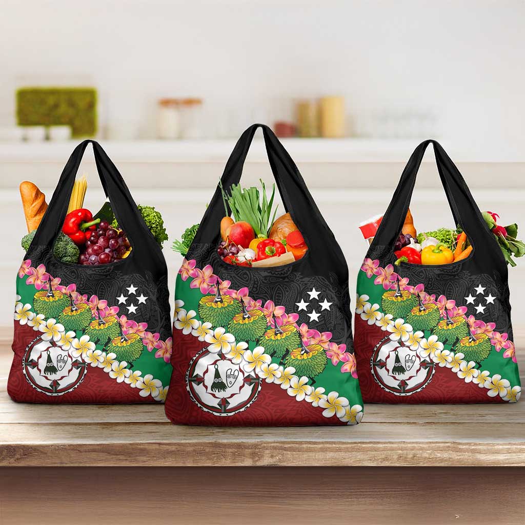 Frangipani Festival Rabaul East New Britain Grocery Bag Dukduk Dance With Plumeria - Polynesian Pride