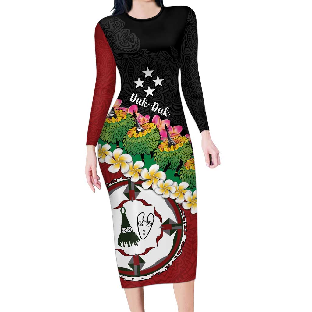 Frangipani Festival Rabaul East New Britain Long Sleeve Bodycon Dress Dukduk Dance With Plumeria LT14 Long Dress Red - Polynesian Pride