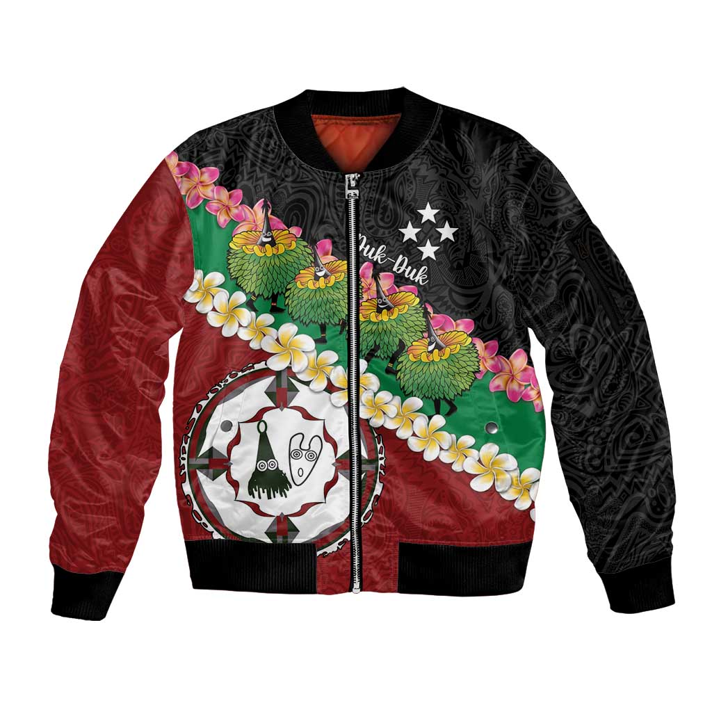 Frangipani Festival Rabaul East New Britain Sleeve Zip Bomber Jacket Dukduk Dance With Plumeria LT14 Unisex Red - Polynesian Pride