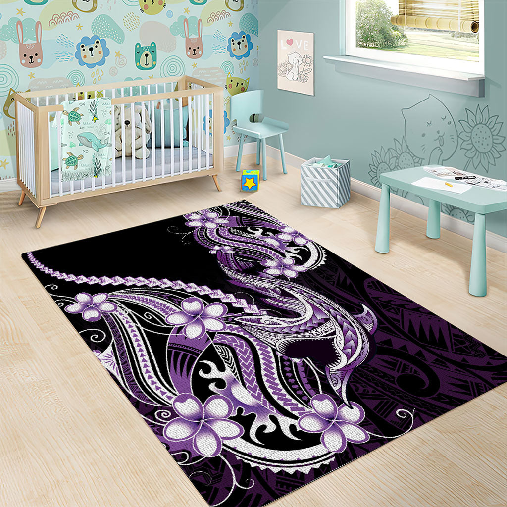 Purple Black Aloha Hawaii Area Rug Polynesian Shark Tattoo Plumeria