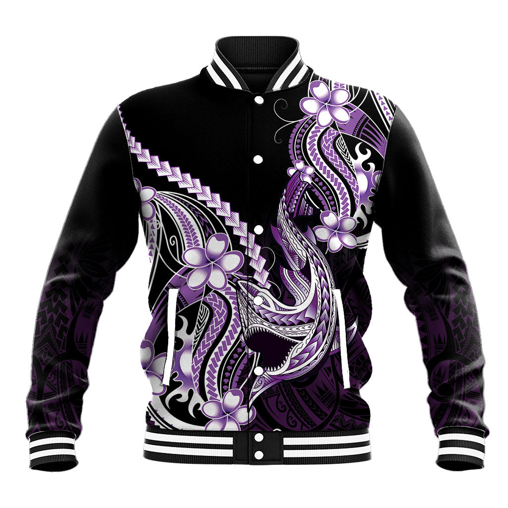 Purple Black Aloha Hawaii Baseball Jacket Polynesian Shark Tattoo Plumeria
