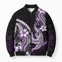 Purple Black Aloha Hawaii Bomber Puffer Jacket Polynesian Shark Tattoo Plumeria