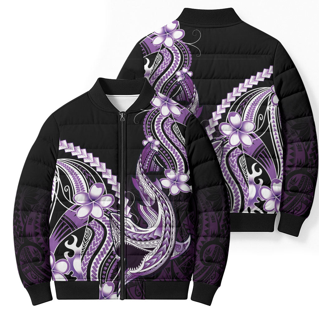 Purple Black Aloha Hawaii Bomber Puffer Jacket Polynesian Shark Tattoo Plumeria