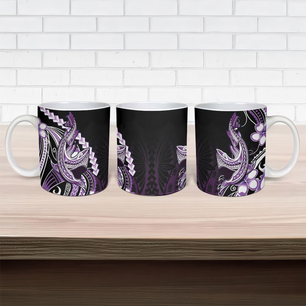 Purple Black Aloha Hawaii Ceramic Mug Polynesian Shark Tattoo Plumeria