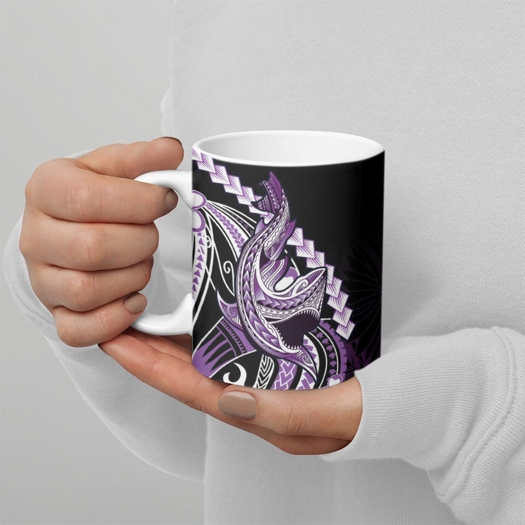 Purple Black Aloha Hawaii Ceramic Mug Polynesian Shark Tattoo Plumeria