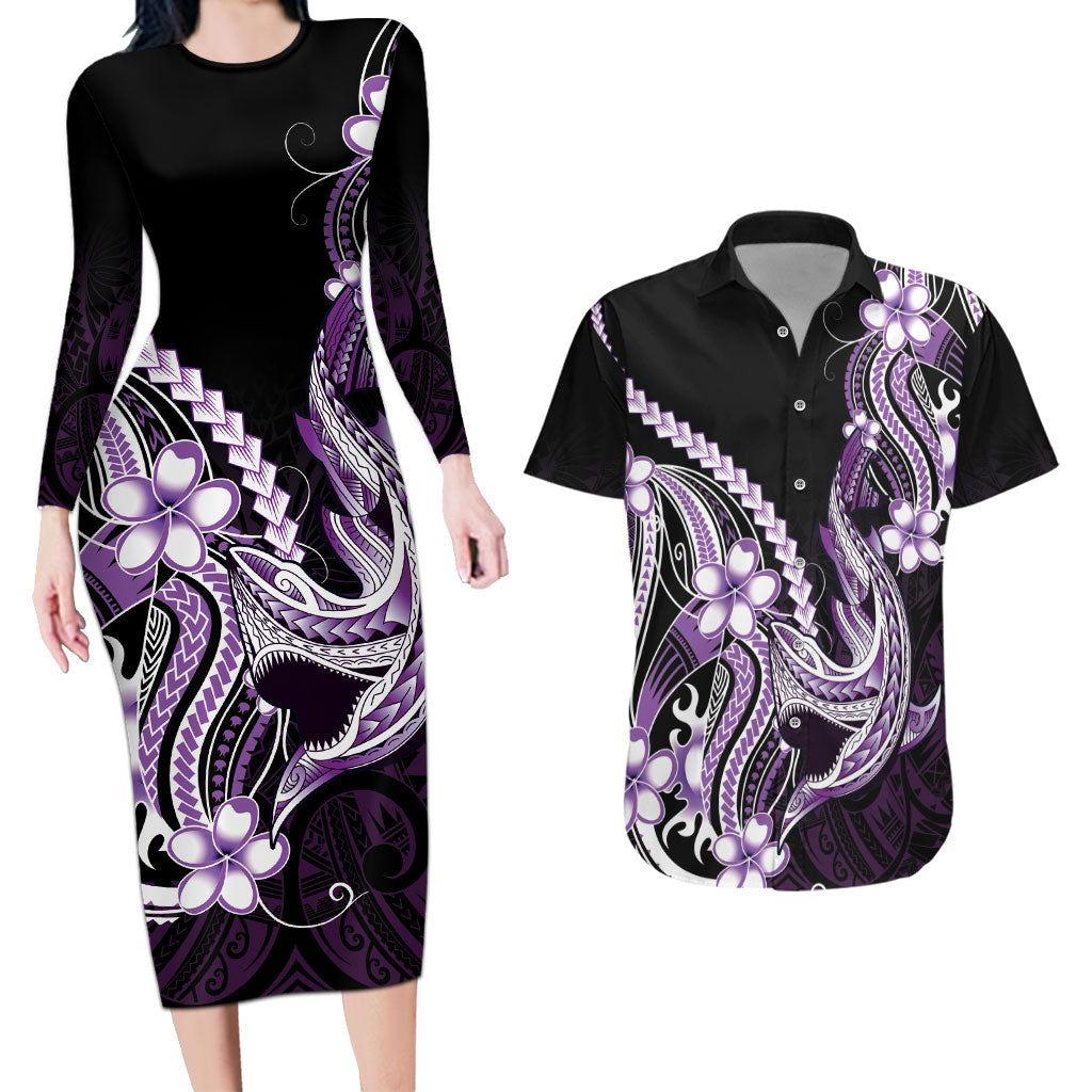 Purple Black Aloha Hawaii Couples Matching Long Sleeve Bodycon Dress and Hawaiian Shirt Polynesian Shark Tattoo Plumeria LT14 Purple - Polynesian Pride