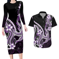 Purple Black Aloha Hawaii Couples Matching Long Sleeve Bodycon Dress and Hawaiian Shirt Polynesian Shark Tattoo Plumeria LT14 Purple - Polynesian Pride