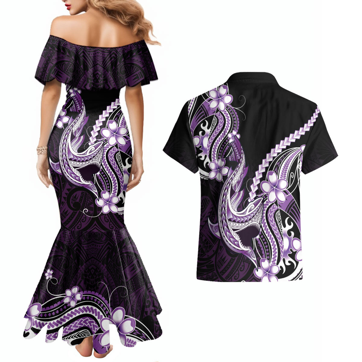Purple Black Aloha Hawaii Couples Matching Mermaid Dress and Hawaiian Shirt Polynesian Shark Tattoo Plumeria LT14 - Polynesian Pride
