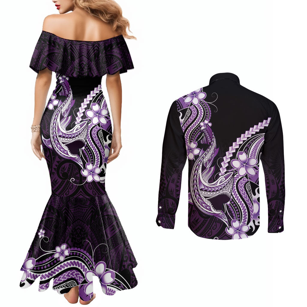 Purple Black Aloha Hawaii Couples Matching Mermaid Dress and Long Sleeve Button Shirt Polynesian Shark Tattoo Plumeria LT14 - Polynesian Pride