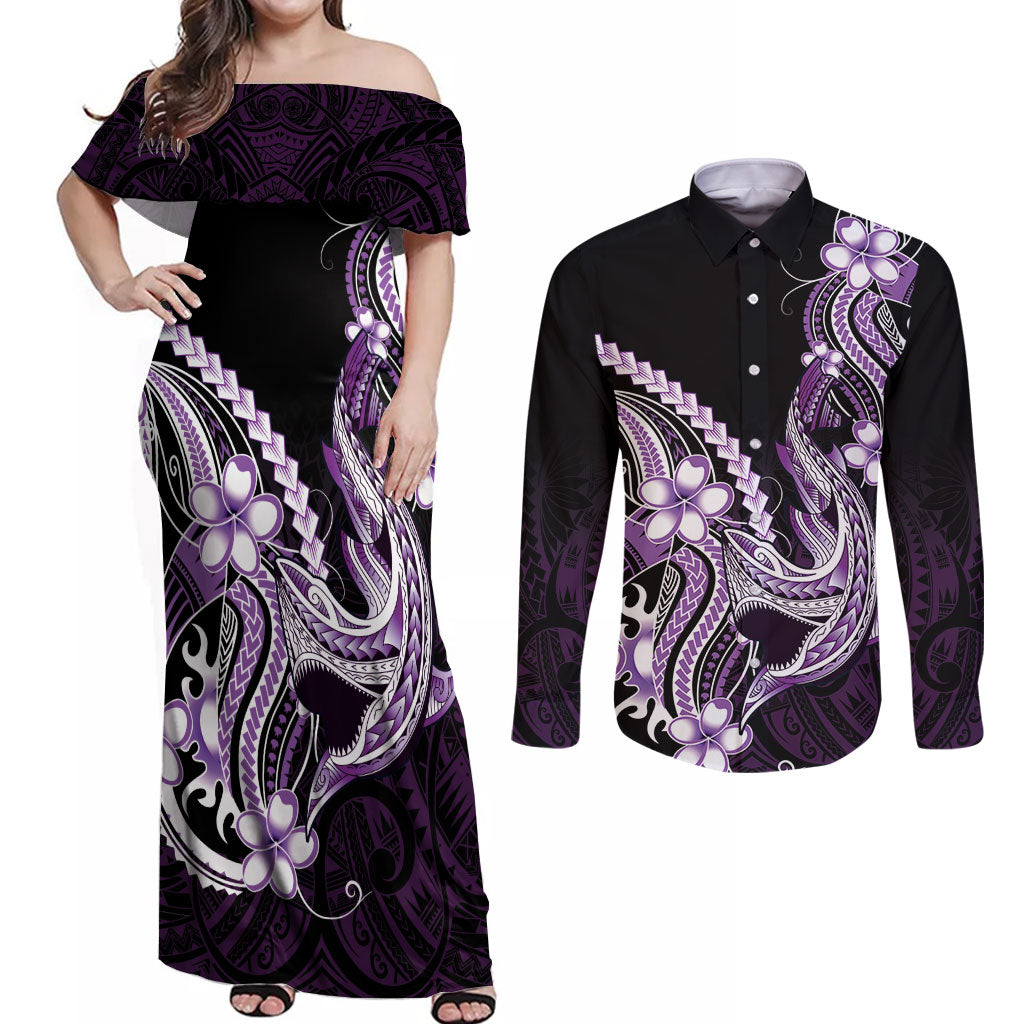 Purple Black Aloha Hawaii Couples Matching Off Shoulder Maxi Dress and Long Sleeve Button Shirt Polynesian Shark Tattoo Plumeria