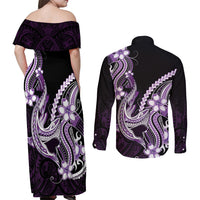 Purple Black Aloha Hawaii Couples Matching Off Shoulder Maxi Dress and Long Sleeve Button Shirt Polynesian Shark Tattoo Plumeria