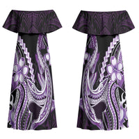 Purple Black Aloha Hawaii Couples Matching Off Shoulder Maxi Dress and Long Sleeve Button Shirt Polynesian Shark Tattoo Plumeria LT14 - Polynesian Pride