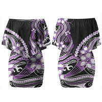 Purple Black Aloha Hawaii Couples Matching Off Shoulder Short Dress and Long Sleeve Button Shirt Polynesian Shark Tattoo Plumeria LT14 - Polynesian Pride