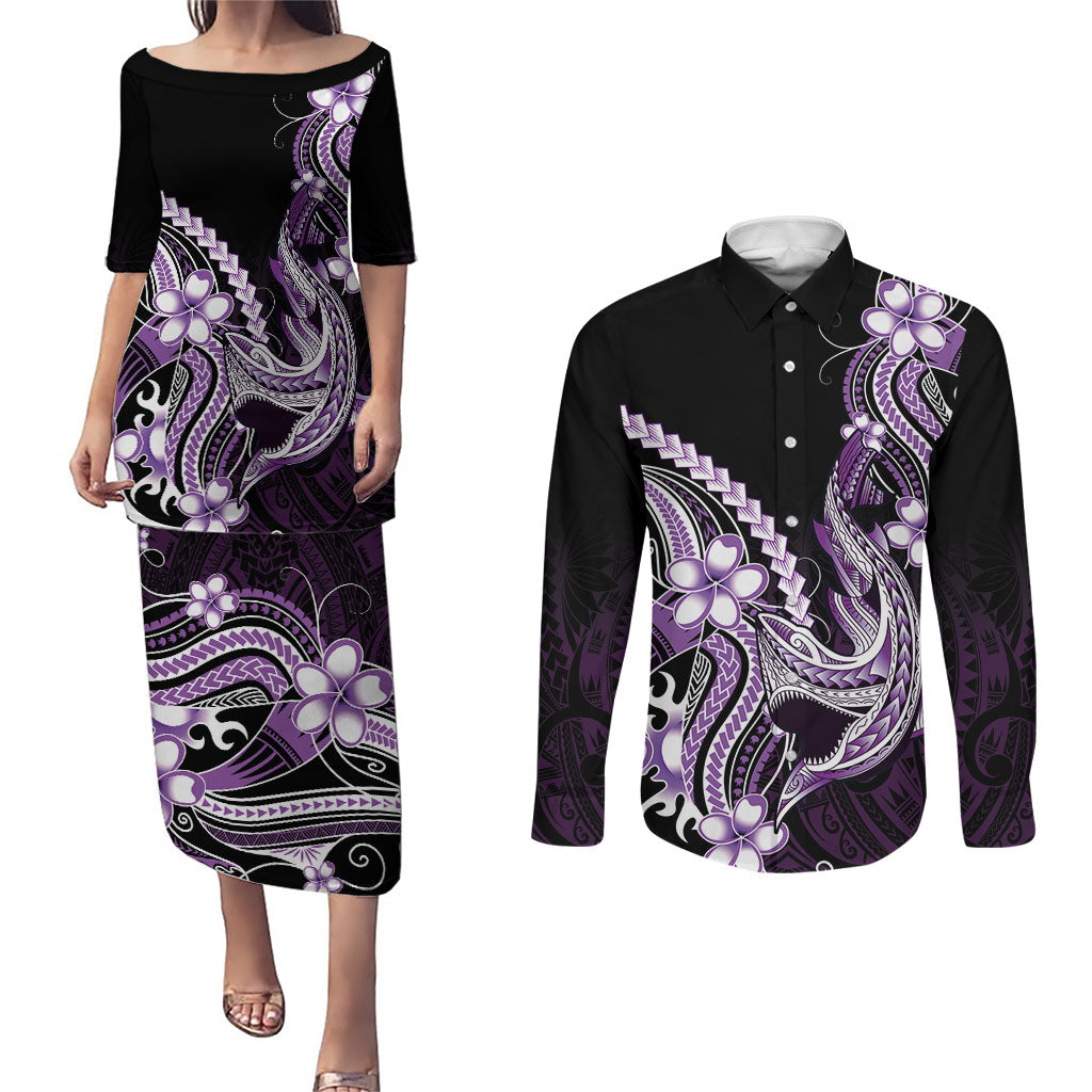 Purple Black Aloha Hawaii Couples Matching Puletasi and Long Sleeve Button Shirt Polynesian Shark Tattoo Plumeria LT14 Purple - Polynesian Pride