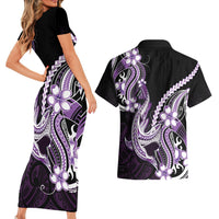 Purple Black Aloha Hawaii Couples Matching Short Sleeve Bodycon Dress and Hawaiian Shirt Polynesian Shark Tattoo Plumeria LT14 - Polynesian Pride
