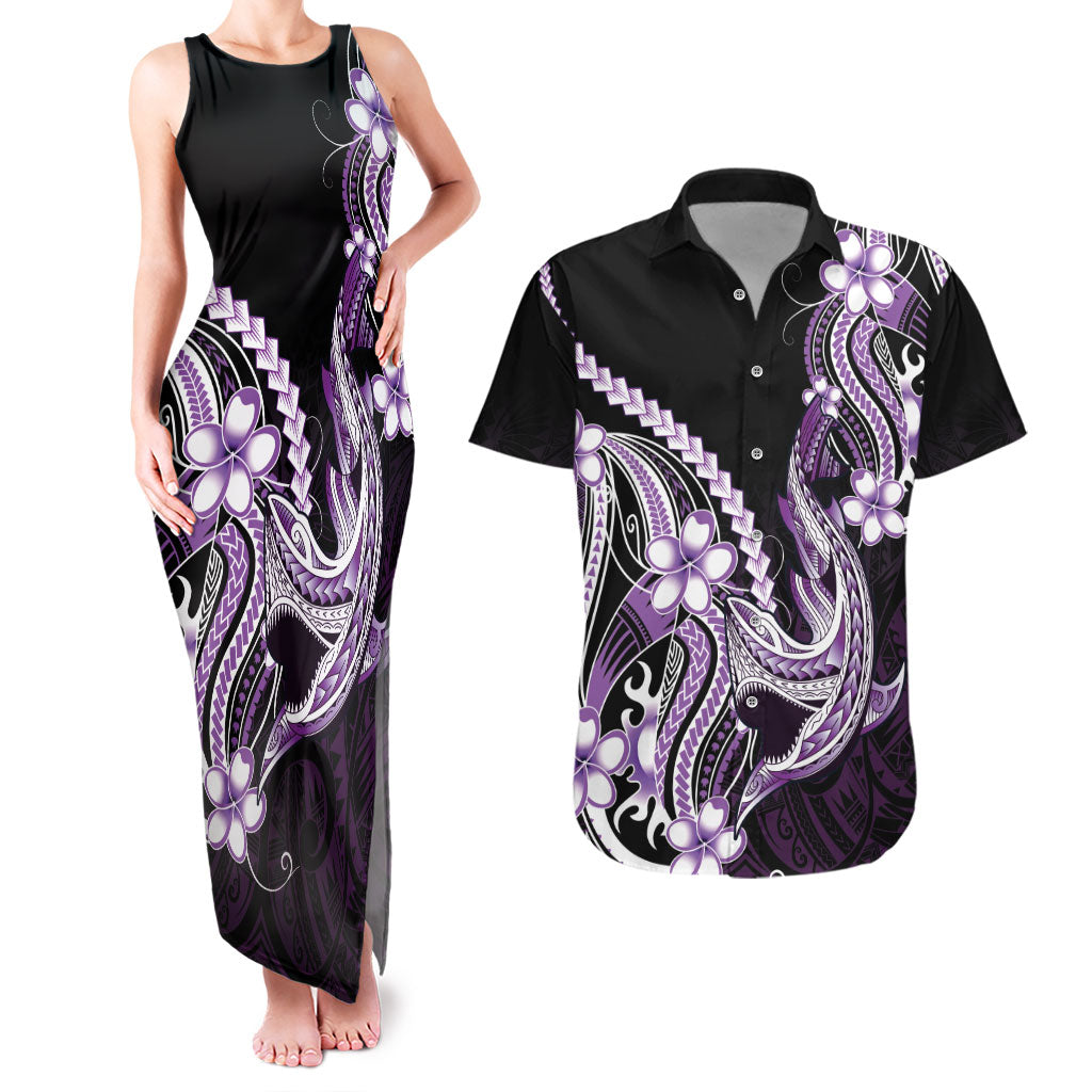 Purple Black Aloha Hawaii Couples Matching Tank Maxi Dress and Hawaiian Shirt Polynesian Shark Tattoo Plumeria LT14 Purple - Polynesian Pride