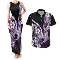 Purple Black Aloha Hawaii Couples Matching Tank Maxi Dress and Hawaiian Shirt Polynesian Shark Tattoo Plumeria LT14 Purple - Polynesian Pride