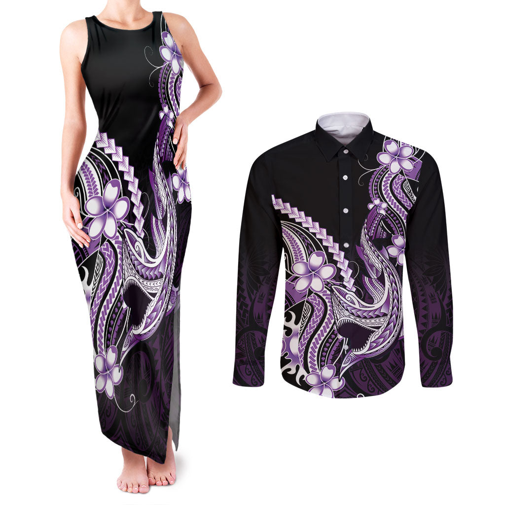 Purple Black Aloha Hawaii Couples Matching Tank Maxi Dress and Long Sleeve Button Shirt Polynesian Shark Tattoo Plumeria LT14 Purple - Polynesian Pride