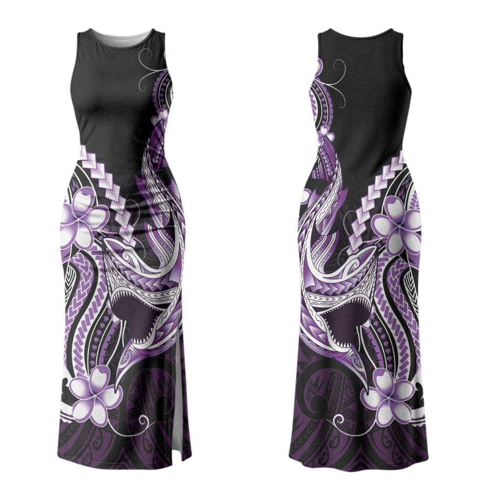 Purple Black Aloha Hawaii Couples Matching Tank Maxi Dress and Long Sleeve Button Shirt Polynesian Shark Tattoo Plumeria LT14 - Polynesian Pride