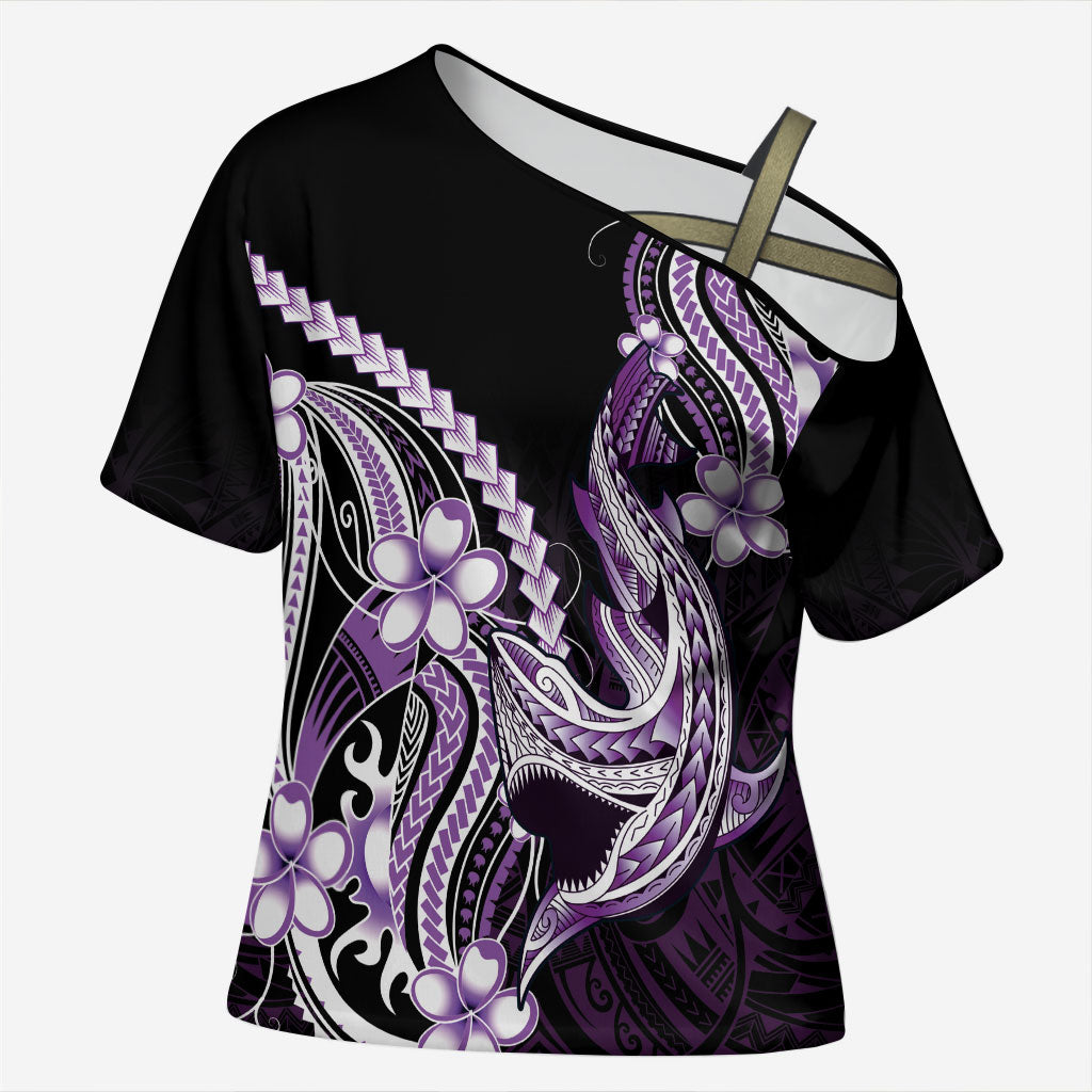 Purple Black Aloha Hawaii Cross Shoulder Shirt Polynesian Shark Tattoo Plumeria LT14 Female Purple - Polynesian Pride
