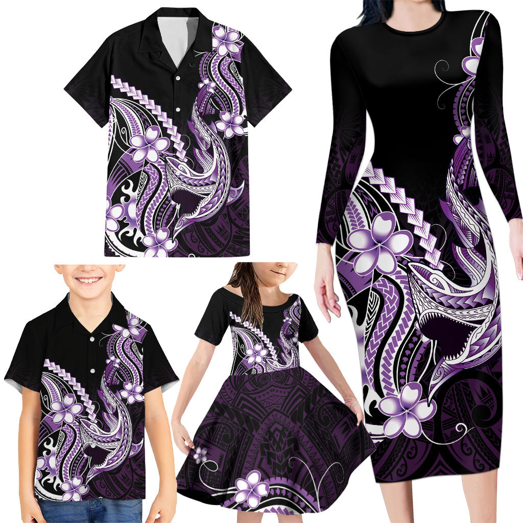 Purple Black Aloha Hawaii Family Matching Long Sleeve Bodycon Dress and Hawaiian Shirt Polynesian Shark Tattoo Plumeria