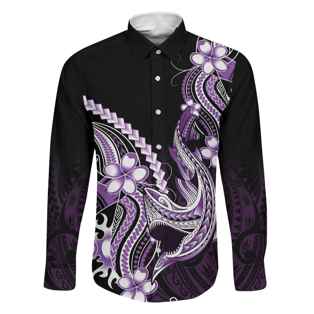 Purple Black Aloha Hawaii Family Matching Long Sleeve Bodycon Dress and Hawaiian Shirt Polynesian Shark Tattoo Plumeria LT14 Dad's Shirt - Long Sleeve Purple - Polynesian Pride