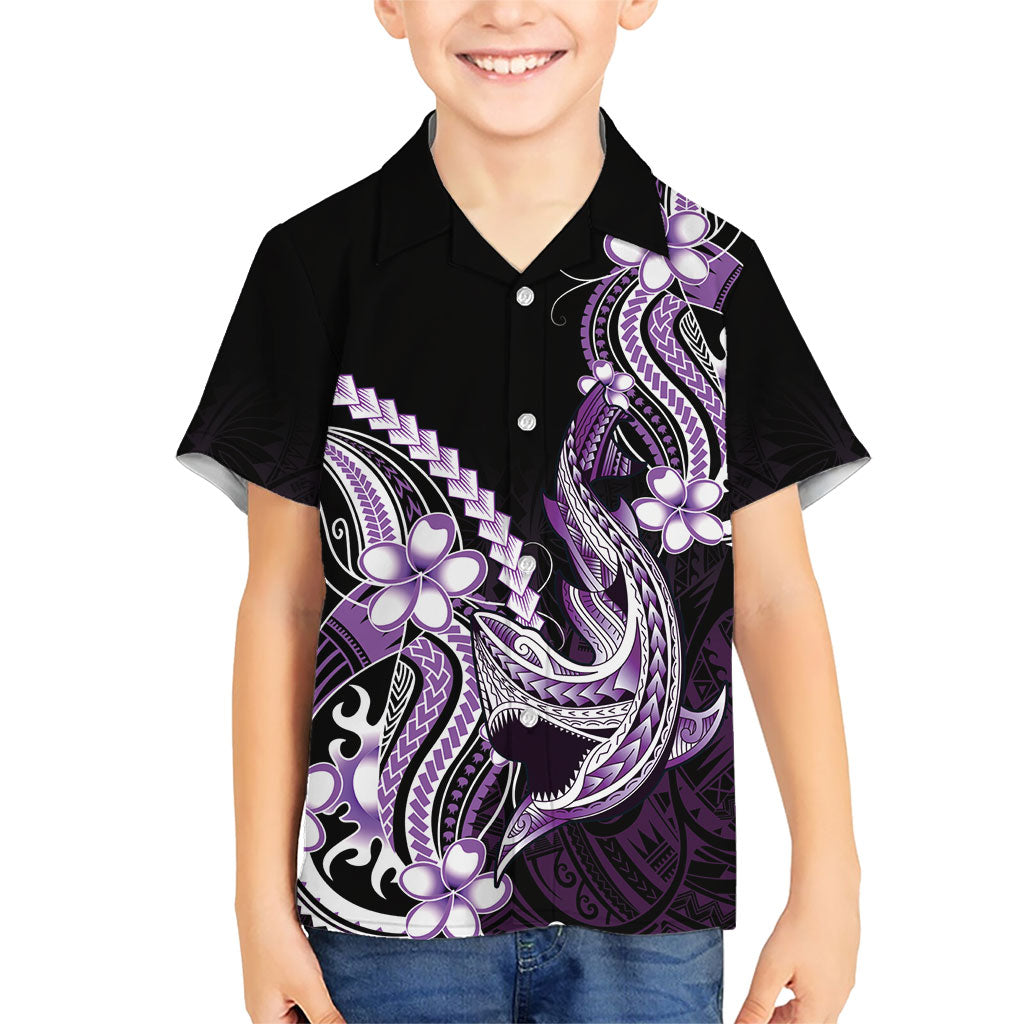 Purple Black Aloha Hawaii Family Matching Long Sleeve Bodycon Dress and Hawaiian Shirt Polynesian Shark Tattoo Plumeria LT14 Son's Shirt Purple - Polynesian Pride
